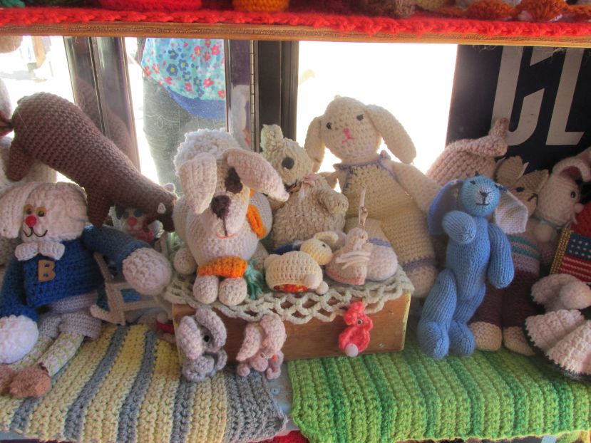 various crocheted critters, mainly bunnies
